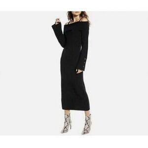 Something Navy Off Shoulder Midi Knit Sweater Dress XS Bell Long Sleev Black NWT